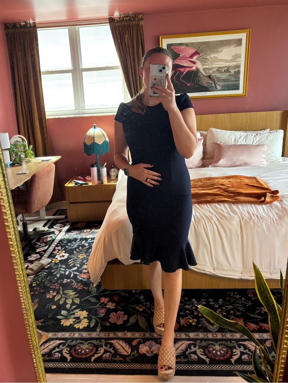 Betsey Johnson Navy Midi Dress with Cap Sleeve and Ruffle Hem